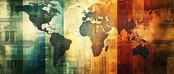 Stylized world map with vibrant colors, ideal for themes of travel, global connection, and cultural diversity.