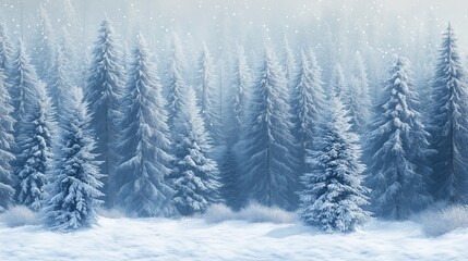 Obraz premium Snow-covered pine forest in winter with falling snowflakes creates a serene and magical atmosphere