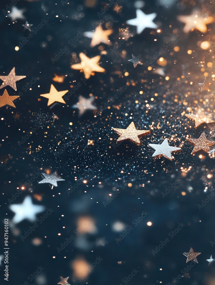 Aufkleber gold and silver stars of different sizes sparkle in a dark setting, evoking a sense of wonder and tr