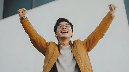 Asian man celebrates success with arms raised in joy and triumph on white background