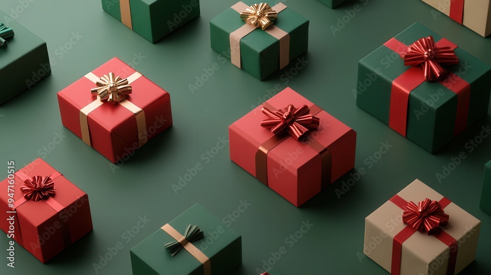 Poster brightly wrapped minimalist geometric gift boxes with colorful ribbons create a festive atmosphere o
