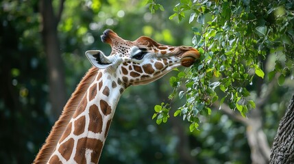 Giraffe Eating Leaves in a Lush Forest