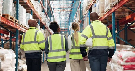 Team, logistics and walking in warehouse for inspection, compliance and safety training with back. People, discussion and tour for supply chain industry, project briefing and inventory management - Powered by Adobe