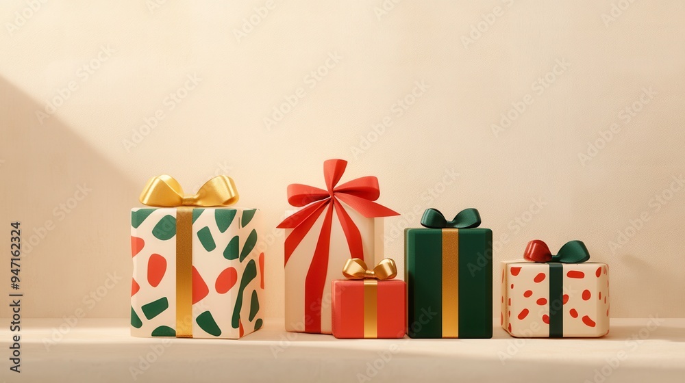 Poster stylish christmas gift boxes with vibrant ribbons and geometric designs are arranged neatly on a she