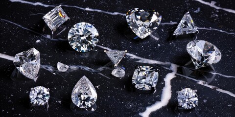 Assorted diamond shapes on black marble princess cushion heart pear marquise radiant Asscher emerald and oval