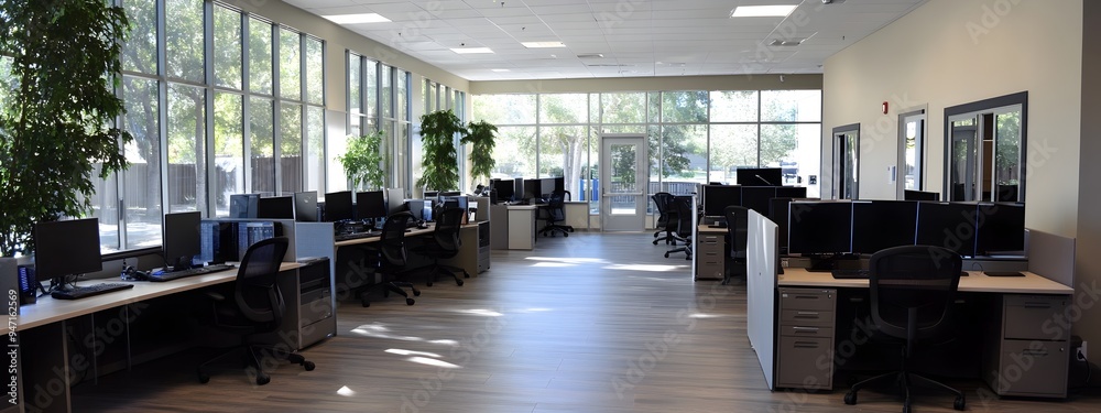 Poster bright minimalist office space with computers and essential equipment