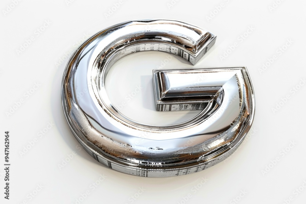 Poster Close-up of a chrome 'G' letter on a white background, suitable for various design and typography projects