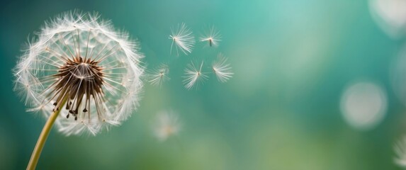Obraz premium Close-up of a Dandelion Releasing Seeds Against a Teal Background