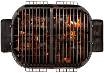Front View to a Grill with Charcoal on fire PNG isolated on white and transparent background - BBQ grill with Grilling flames Food Cooking and restaurant Menu Advertising Concept