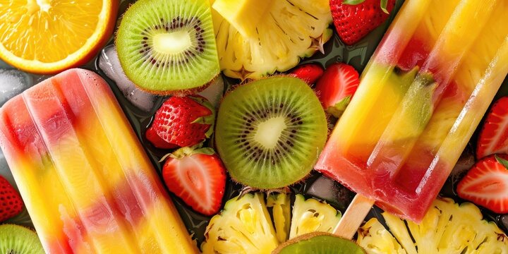 Top view of a colorful fruit popsicle with pineapple orange and mango garnished with kiwi and strawberry slices - Powered by Adobe