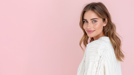 Fototapeta premium Germany woman in white sweater smile to copy space for text advertising