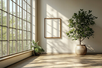 Modern Living Room with Large Windows and Colorful Accents