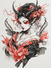 Demon Girl with Horns and Flowers in Traditional Japanese Style
