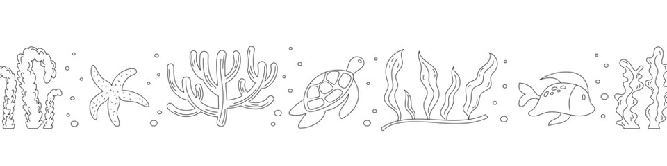 Vector with marine life silhouettes such as fish, sea turtle, seaweed, coral, and bubbles. Complements themes of ocean life, underwater reef, and aquatic habitat. Set elements.