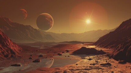 Alien Landscape with Sunset and Moons - Sci-Fi Scene