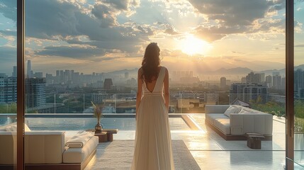 An Asian woman in a white gown standing on a large, modern, minimalist balcony at home, gazing at the distant city. The balcony is furnished with outdoor sofa. Generative AI.