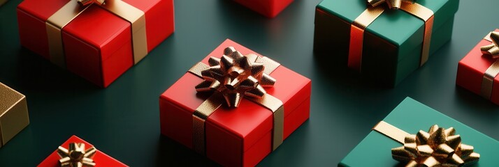Colorful Christmas gift boxes in geometric shapes with bright ribbons and bows create a cheerful holiday atmosphere on a dark surface. Generative AI