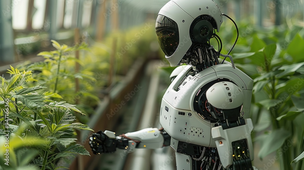 Aufkleber A robot working in a futuristic greenhouse. Generative AI.