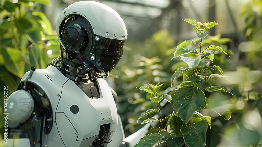 Poster a robot working in a futuristic greenhouse. generative ai.