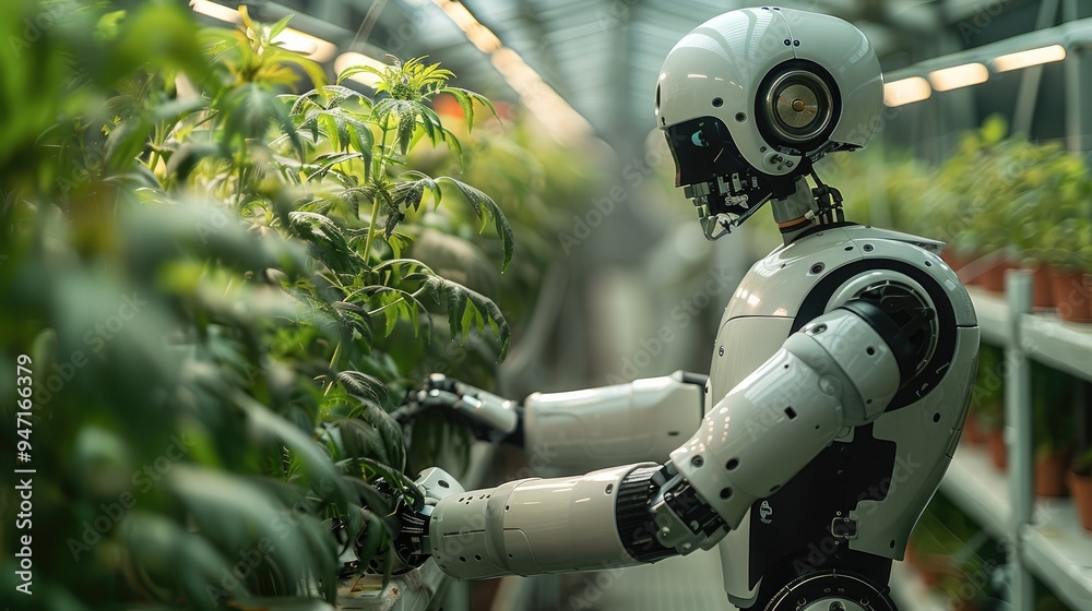 Aufkleber a robot working in a futuristic greenhouse. generative ai.