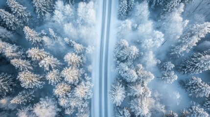 Aerial view of a snowy forest road winding through frosty pine trees on a winter's day