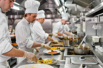 A group of chefs preparing food in a professional kitchen setting