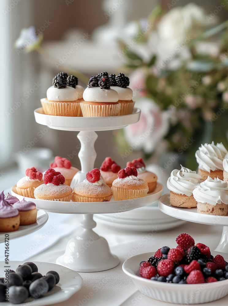 Leinwandbilder a beautiful and elegant summer high tea with different mini cakes on fancy stand on a white table ag