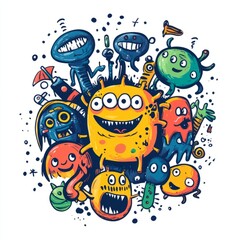 Whimsical Doodle Logo Featuring Playful Monsters and Aliens - Kids' Brand Concept on White Background