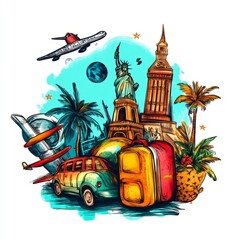 Vibrant Doodle Logo with Travel Elements for a Tour Company on White Background