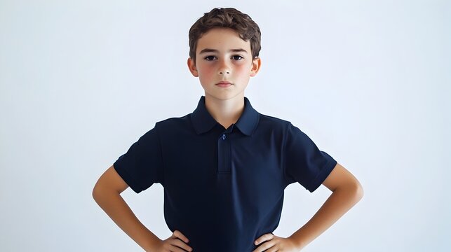 Confident Australian Schoolboy Standing with Hands on Hips on White Background