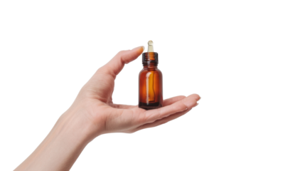 Hand holding oil serum , dropper isolated on white background