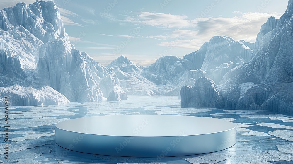Poster white circular podium with ice landscape background. minimalist scene for product display presentati