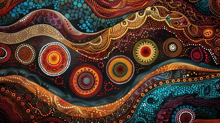 Abstract Aboriginal Art with Dotted Patterns and Curved Lines