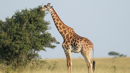 Obraz premium Giraffe Reaching for Leaves in African Savanna
