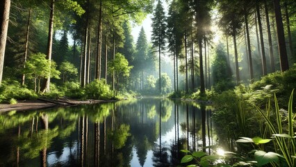 Morning in the forest water lake river landscape nature sky tree reflection forest summer blue trees. Morning in the forest green pond park spring stream grass sun view tranquil outdoors creek.