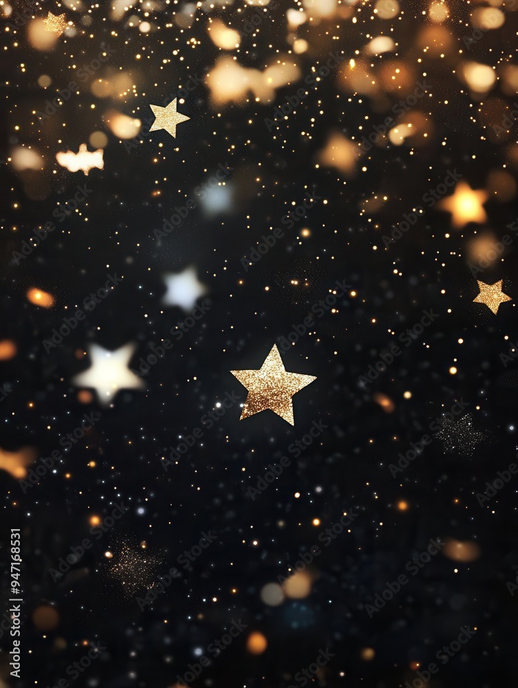 Poster Stars twinkle in varying sizes and shades of gold, creating a serene and magical atmosphere with a dark backdrop. Generative AI