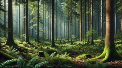 Fototapeta premium Trees in the forest tree nature green trees landscape woods park wood summer path leaf moss fern. Trees in the forest environment wilderness plant rainforest spring sunlight foliage lush outdoors.