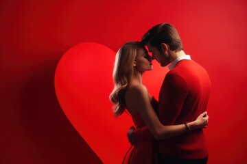 St Valentines day concept - a stylish young couple on a dark red background.