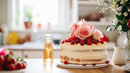 Homemade birthday cake in the English countryside house, cottage kitchen food and holiday baking recipe inspiration