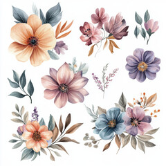 Beautiful watercolor floral arrangements featuring various flowers and leaves. Perfect for design projects or home decor.