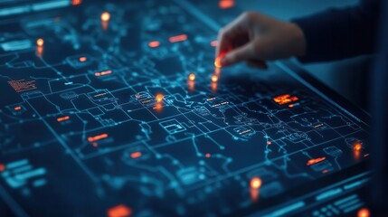 Obraz premium A glassmorphic map interface with a frosted overlay and glowing pins, glassmorphism, map, glowing