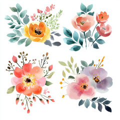 Beautiful watercolor floral arrangements featuring various colorful flowers and leaves. Perfect for adding touch of nature to any design.