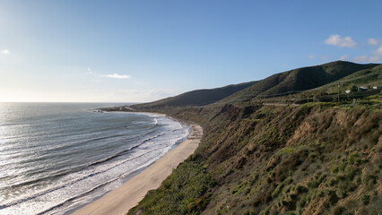 Aerial view of Nicholas Beach on the coast of Malibu, CA