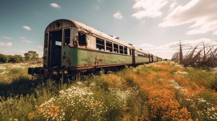 Fototapeta premium Rusty Train Wreck in a Field of Flowers