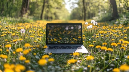 Laptop on Grass in Spring Meadow with Dandelions and Yellow Flowers, Captured in Daylight by Professional Photographer