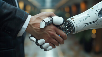 Naklejka premium Human and AI robot shaking hands in a corporate setting.