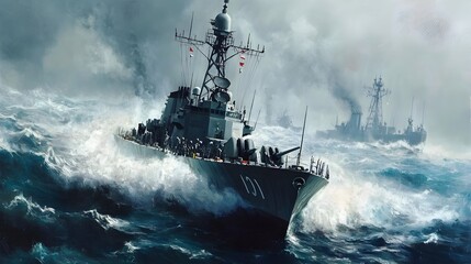 Destroyer Releasing Sonar Buoys to Track Hidden Submarine in the Ocean