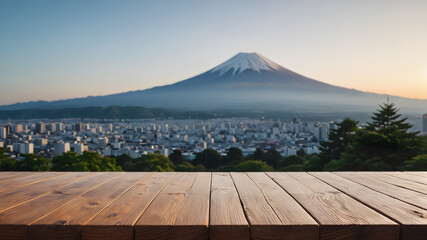 Serene Simplicity: An Empty Wooden Tabletop with a Softly Lit, Blurred Background of Majestic Fuji Mountain, Perfectly Framed for a Tranquil and Minimalist Setting