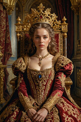 Renaissance-style painting portrait of a queen in royal attire sitting on the throne, Generative AI	
