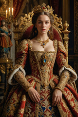 Obraz premium Renaissance-style painting portrait of a queen in royal attire sitting on the throne, Generative AI 